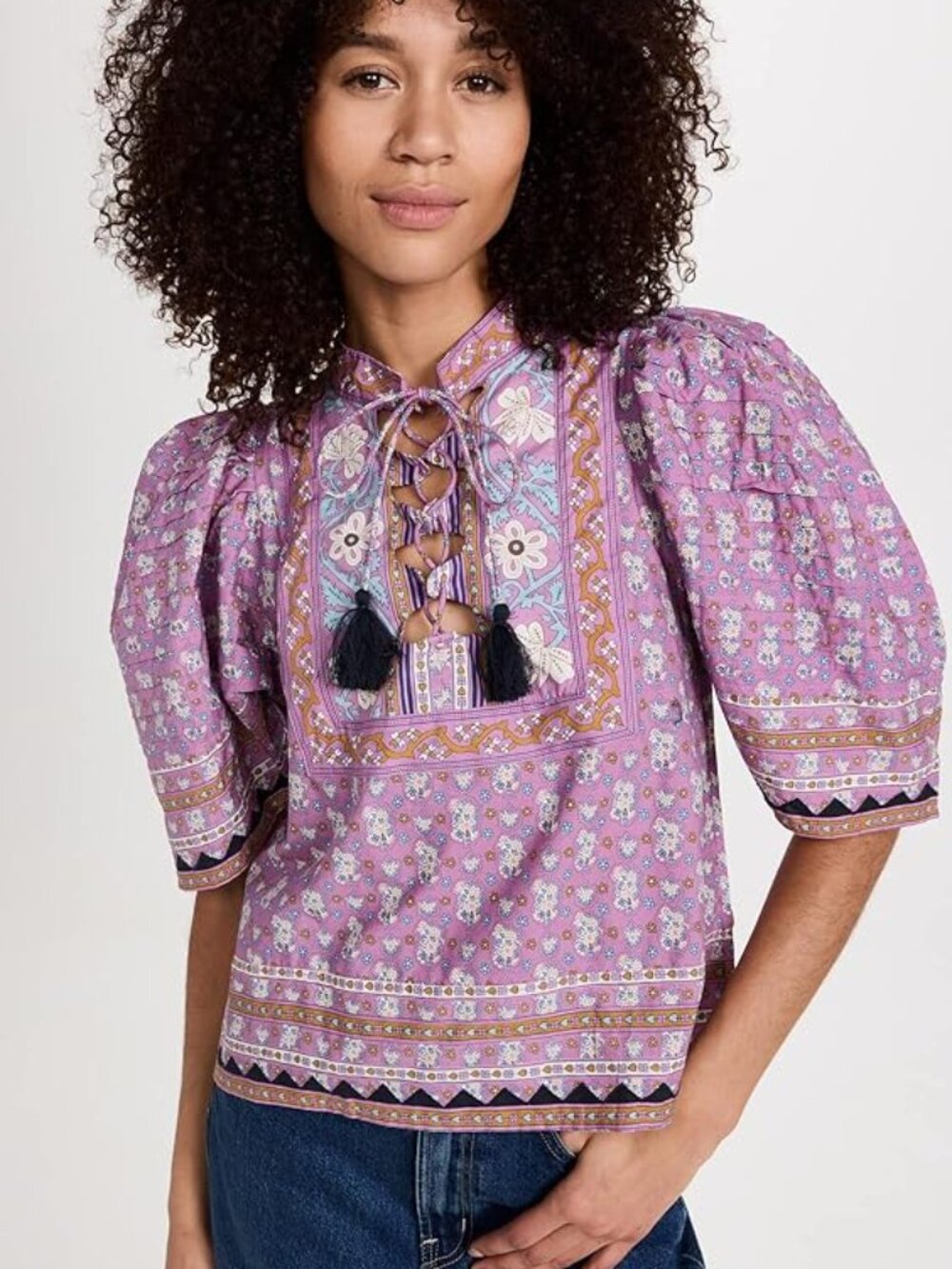 SEA New York Women's Perry Border Puff Sleeve Top Size Medium